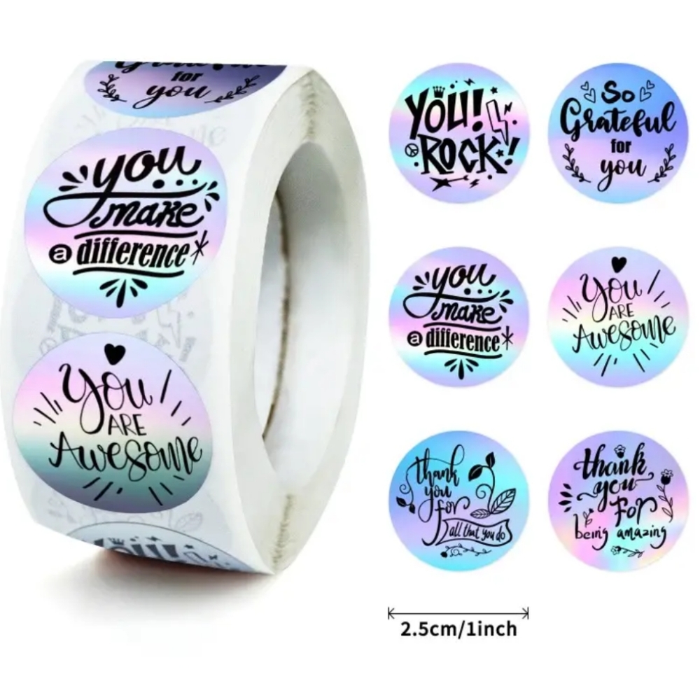 100 Stickers 1 inch Metallic 6 Patterns on 1 Roll Thank You